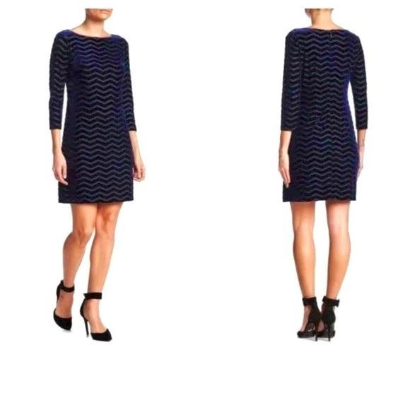 Eliza J | NWT Navy Velvet 3/4 Sleeve Zigzag Shift Dress Sz 12 P - Picture 12 of 12
